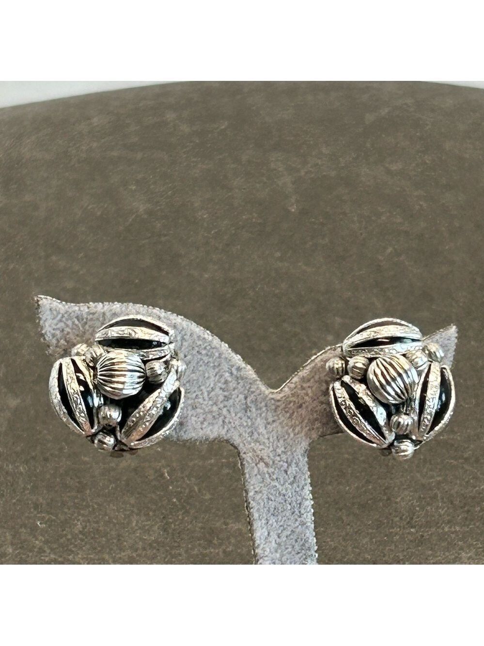 Japan vintage silver tone beaded clustered clip on earrings